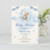 Blue Teddy Bear Baby shower Invitation Kaart (Staand voorkant)