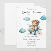 Blue Teddy Bear Baby shower Invitation Kaart (Voorkant / Achterkant)
