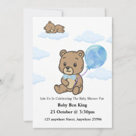 Blue Teddy Bear Baby Shower Invitation  Kaart