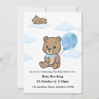 Blue Teddy Bear Baby Shower Invitation  Kaart