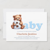 Blue Teddy Bear Baby shower Invitation Kaart (Voorkant)