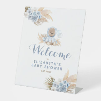 Blue Teddy Bear Baby shower Pedestal Welcome Sign Reclamebord Met Voetstuk