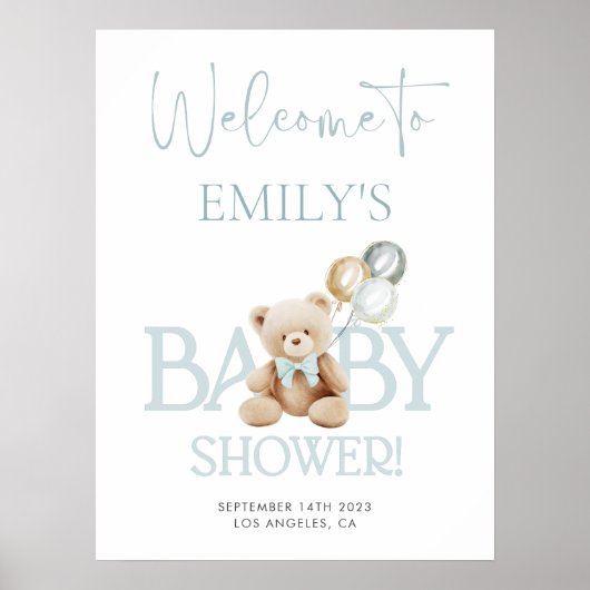 Blue Teddy Bear Baby shower Welcome Sign Poster (Voorkant)