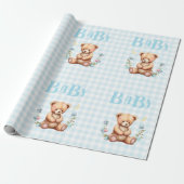 Blue Teddy Bear Baby Typografie Baby shower Cadeaupapier (Uitgerold)
