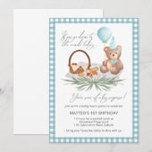 Blue Teddy Bear Balloon Picnic 1e verjaardag Kaart (Voorkant / Achterkant)