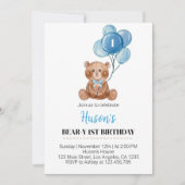 Blue Teddy Bear Balloons First Birthday Invitation (Devant)