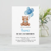 Blue Teddy Bear Balloons First Birthday Invitation (Debout devant)