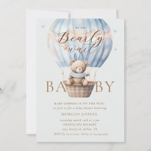 Blue Teddy Bear Barly Wait Baby shower Kaart