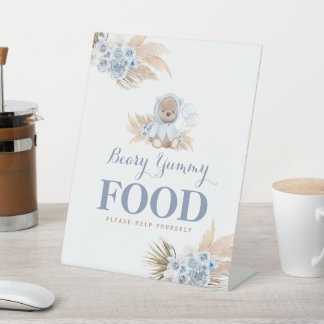 Blue Teddy Bear Beary Yummy Food Table Sign Reclamebord Met Voetstuk