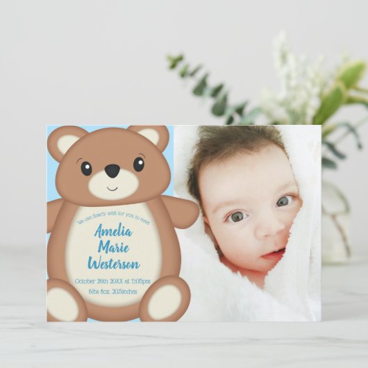 Blue Teddy Bear Birth kondiging Kaart (Staand voorkant)