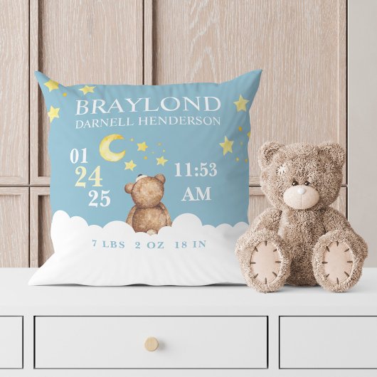 Blue Teddy Bear Birth Stats Nursery Coussin