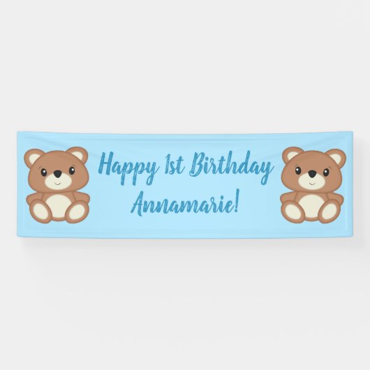 Blue Teddy Bear Birthday Party Spandoek (Horizontaal)
