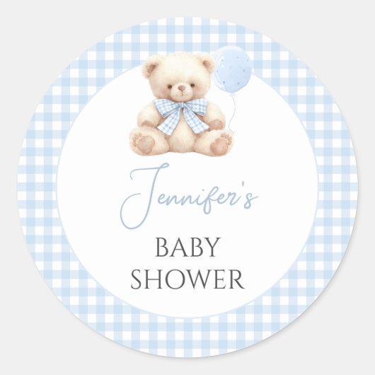 Blue Teddy Bear Bow Balloon Baby Boy Shower Ronde Sticker (Voorkant)