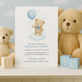 Blue Teddy Bear Boy Baptism Invitation
