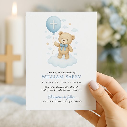 Blue Teddy Bear Boy Baptism Invitation