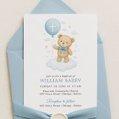 Blue Teddy Bear Boy Baptism Invitation
