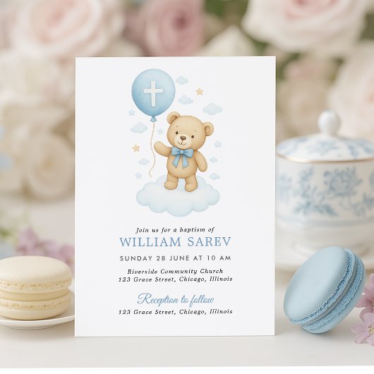 Blue Teddy Bear Boy Baptism Invitation