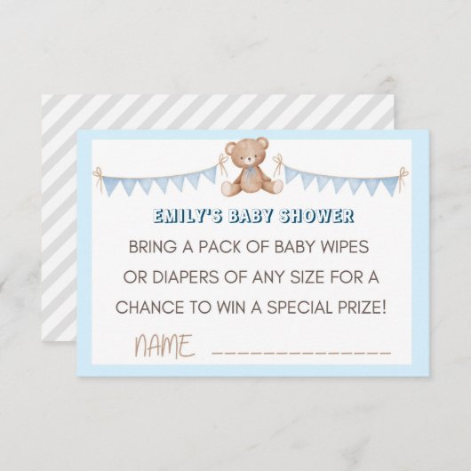 Blue Teddy Bear Diaper en Wipes Raffle Insert Informatiekaartje (Voorkant / Achterkant)