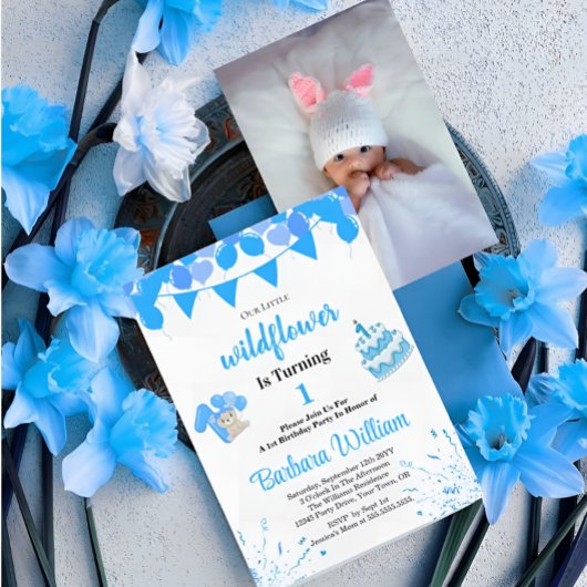 Blue Teddy Bear First Birthday Photo Invitation