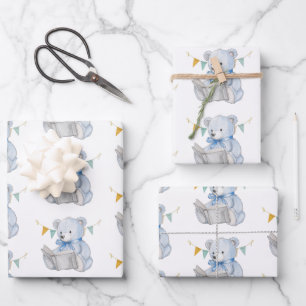 Blue Teddy Bear leest een boek Baby shower Inpakpapier Vel