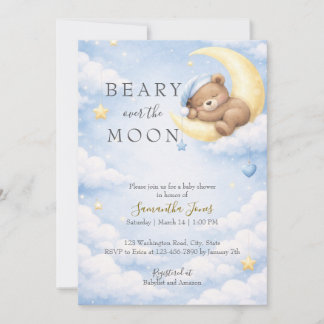 Blue Teddy Bear Moon Baby Shower Invitation Kaart