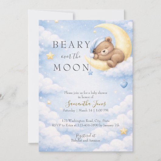 Blue Teddy Bear Moon Baby Shower Invitation Kaart (Voorkant)