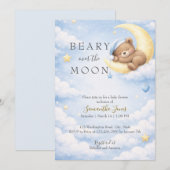 Blue Teddy Bear Moon Baby Shower Invitation Kaart (Voorkant / Achterkant)