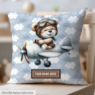 Blue Teddy Bear Pilot Baby Boy Pillow Custom Name Kussen