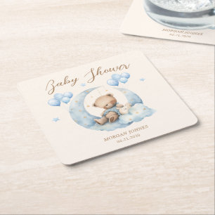 Blue Teddy Bear Sterren Baby shower Vierkante Kartonnen Onderzetter