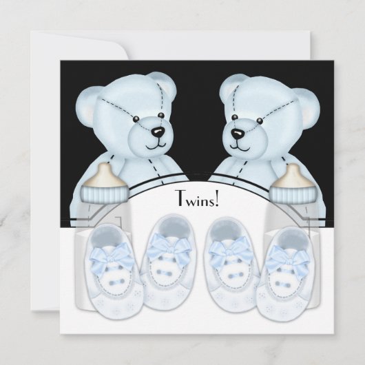 Blue Teddy Bear Twin Boys Baby Shower Invitations (Devant)