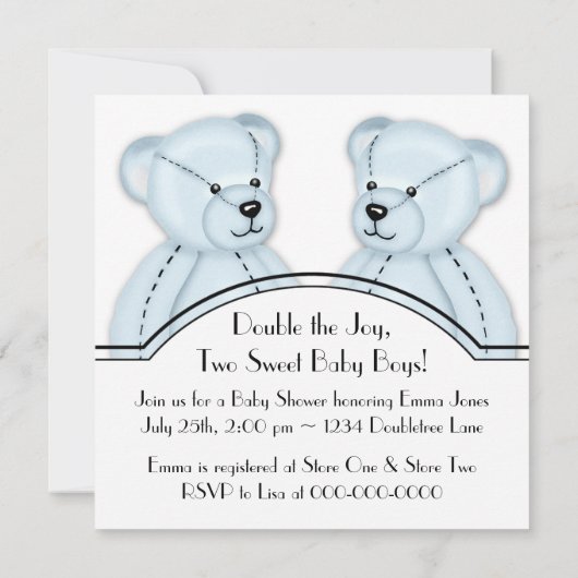 Blue Teddy Bear Twin Boys Baby Shower Invitations (Dos)