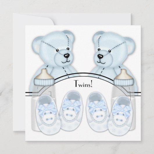 Blue Teddy Bear Twin Boys Baby Shower Invitations (Devant)