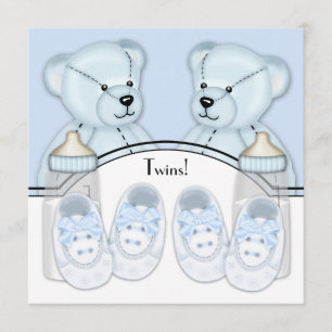 Blue Teddy Bear Twin Boys Baby Shower Invitations