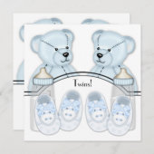 Blue Teddy Bear Twin Boys Baby Shower Uitnodiginge Kaart (Voorkant / Achterkant)
