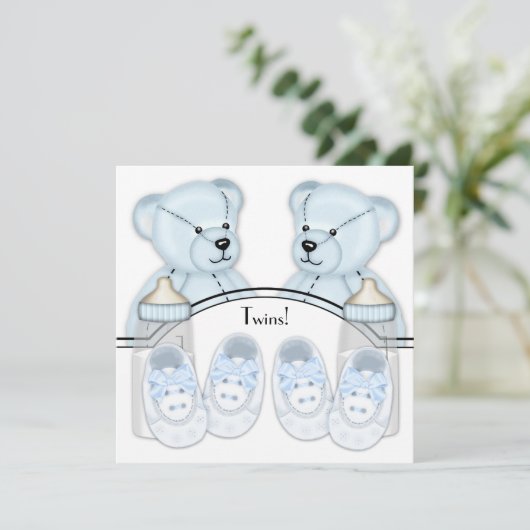 Blue Teddy Bear Twin Boys Baby Shower Uitnodiginge Kaart (Staand voorkant)