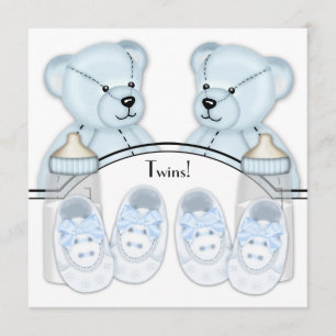 Blue Teddy Bear Twin Boys Baby Shower Uitnodiginge Kaart