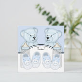 Blue Teddy Bear Twin Boys Baby Shower Uitnodiginge Kaart (Staand voorkant)