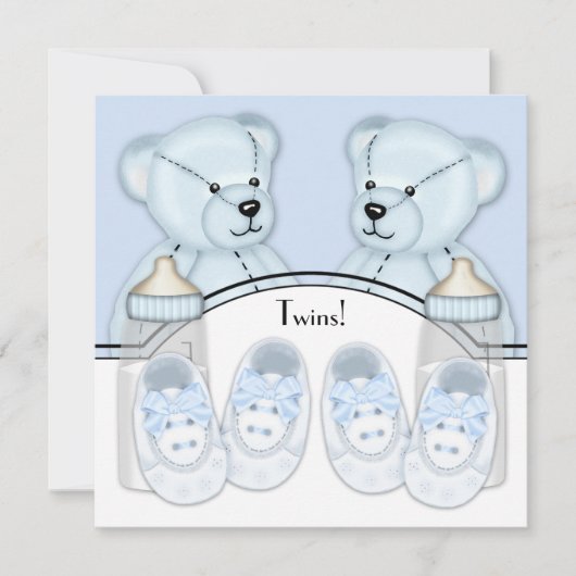 Blue Teddy Bear Twin Boys Baby Shower Uitnodiginge Kaart (Voorkant)