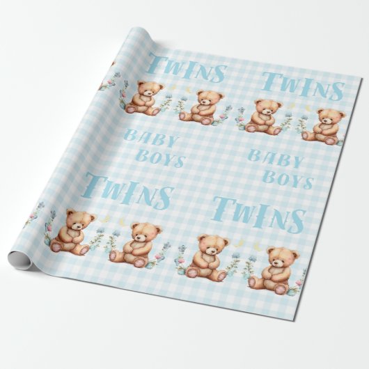 Blue Teddy Bear Twins Typography Baby shower Cadeaupapier (Uitgerold)
