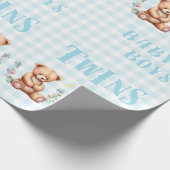 Blue Teddy Bear Twins Typography Baby shower Cadeaupapier (Hoek)