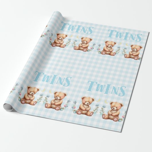 Blue Teddy Bear Twins Typography Baby shower Cadeaupapier (Uitgerold)