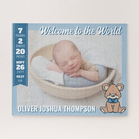 Blue Teddy Bear Welcome to the World Baby Boy Legpuzzel (Horizontaal)