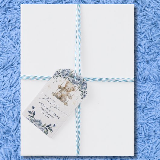 Blue Teddy Swing Baby shower Bedankt Cadeaulabel