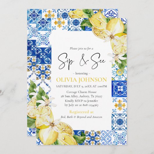 Blue Tegel Lemons Sip & See Baby shower Invitation Kaart (Voorkant / Achterkant)