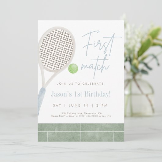 Blue Tennis First Birthday Party Invitation (Debout devant)