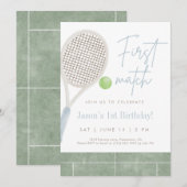 Blue Tennis First Birthday Party Invitation (Devant / Derrière)