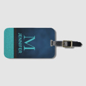 Blue Textured Leather Monogram Persoonlijke naam Bagagelabel (Voorkant (horizontaal))