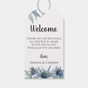 Blue Thistle bruiloft welkomsttas Cadeaulabel