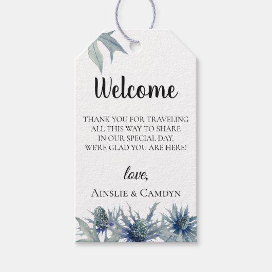 Blue Thistle bruiloft welkomsttas Cadeaulabel (Voorkant)