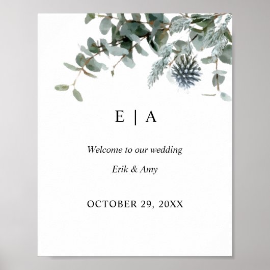 Blue Thistle Eucalyptus Floral Wedding Sign Poster (Voorkant)